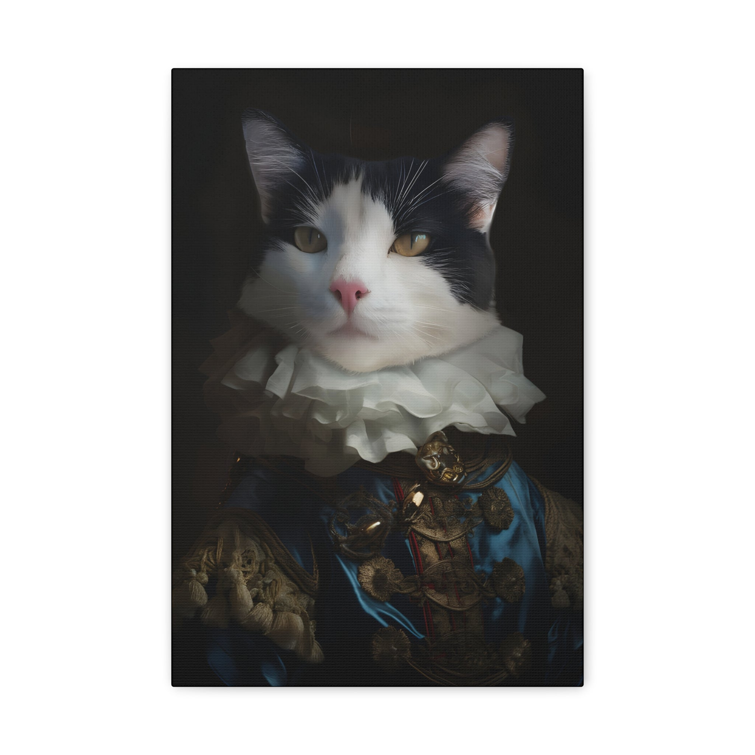 This image shows a tuxedo cat in Renaissance-inspired attire: a blue outfit with a high white ruffled collar, gold button, and delicate red accents.